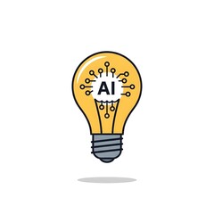 AI Lightbulb Icon with Circuit Details and AI Text Symbolizing Smart Ideas Innovation Flat Vector Illustration