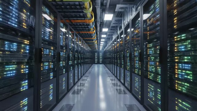 Data Center Server Room - This video showcases a data center with long rows of server racks. Colorful LED indicators provide visual status, creating a modern tech landscape.