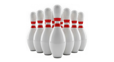Set of ten white bowling pins with red stripes isolated on transparent background