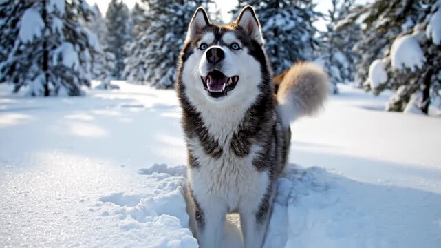 Happy Husky in Winter Snow - A beautiful husky with bright blue eyes and black, brown, and white fur stands in fresh snow. The dog looks up with a joyful and happy expression.