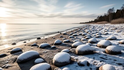 Winter sun setting over a snowy beach with large rocks by the calm sea water
