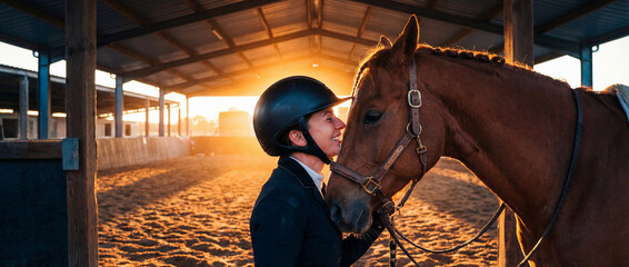 Horse rider interacts with horse during sunset at stable