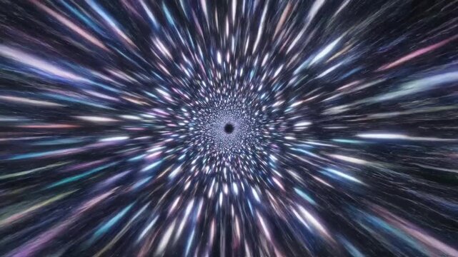 Hyperspeed Light Streaks in Motion - A dynamic visualization capturing the sensation of hyperspeed travel through space, with multicolored light streaks converging towards a central point.