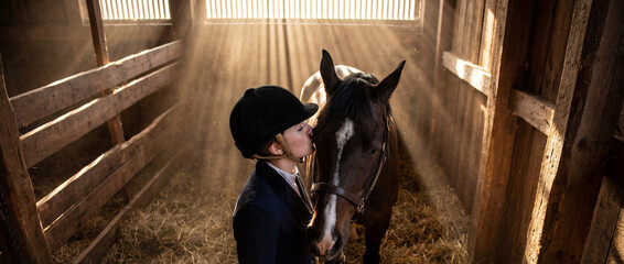 Woman cares for horse in stable during morning light