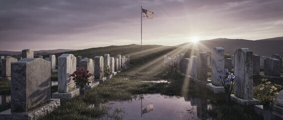 Sunrise over cemetery with American flag at memorial site
