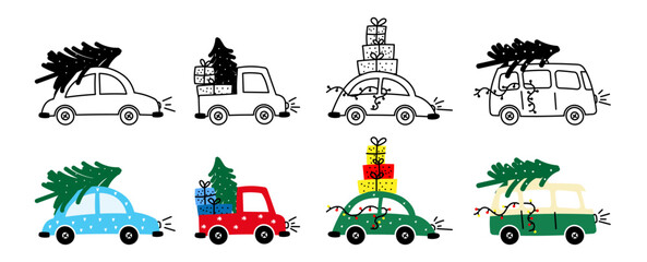 cute car in christmas theme carry christmas gift and spurce tree