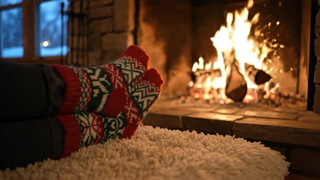 Cozy Christmas Socks by the Fireplace - A person's feet wearing festive red and green Christmas socks are resting on a soft rug in front of a warm fireplace.