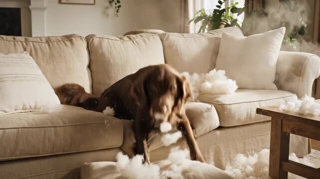 Playful Dog Making a Mess with Couch Stuffing - A brown dog is excitedly tearing apart a beige couch, with stuffing flying everywhere.