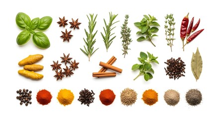 Fresh Herbs and Spices Isolated on Pure White Background