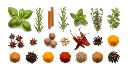 Fresh Herbs and Spices Isolated on Pure White Background