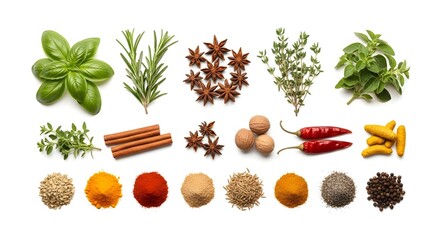 Fresh Herbs and Spices Isolated on Pure White Background