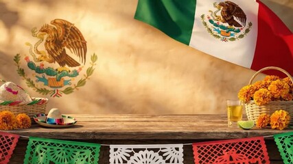 A vibrant cultural celebration is beautifully arranged on a rustic wooden table, illuminated by warm, inviting light. The foreground features an array of traditional, intricately cut paper banners in 