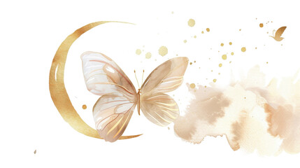 Elegant Watercolor Butterfly with Golden Crescent Moon and Abstract Beige Splashes