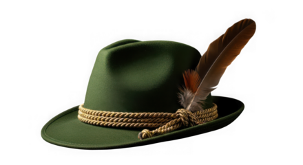 Traditional alpine hat with feather, green tyrolean hat isolated on transparent background