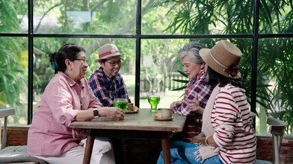 Asian senior female friends chatting and smiling around wooden table in modern glasshouse cafe during casual reunion day enjoying retirement lifestyle while sharing warm and joyful conversation