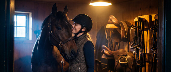 Person spends time with a horse inside a barn at night