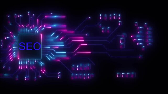 SEO text on a glowing teal digital circuit board with intricate lines on a black background Search Engine Optimization 4k video