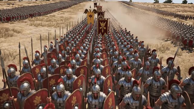 Ancient Roman Army Marching - An ancient Roman army marches in formation across a dusty plain, prepared for war.