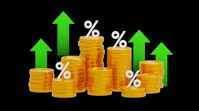 3D Rising Interest Rates with Coin Stacks | Alpha Channel