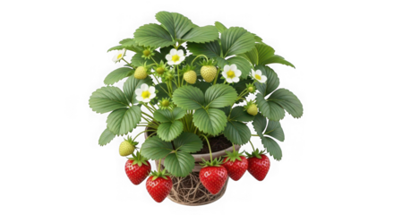 Strawberry plant with ripe berries and flowers, isolated on transparent background