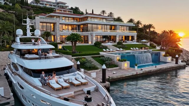 Mega Yacht Docked at Waterfront Estate - A luxury mega yacht is docked at a lavish waterfront estate, with people enjoying drinks on the deck.