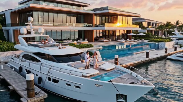 Luxurious Yacht Docked at Opulent Waterfront Estate - A sleek mega yacht is docked at a sophisticated waterfront estate, showcasing modern architectural design, a spacious pool area, and lush