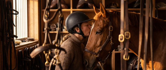 Person kisses a horse in a stable during the afternoon