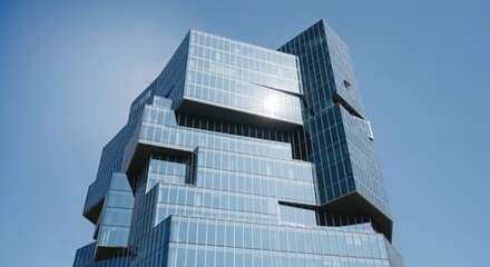 Modern glass skyscraper with unique stepped and angular architecture reflecting the clear blue sky and bright sunlight, showcasing contemporary urban design.