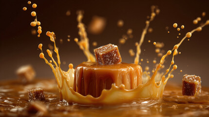 Caramel Pudding and Candy Cubes Splashing in Liquid Caramel