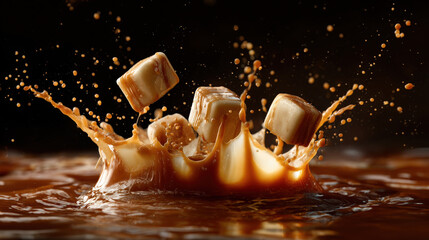 Caramel Candy Cubes Splashing in Liquid Caramel on Dark Background