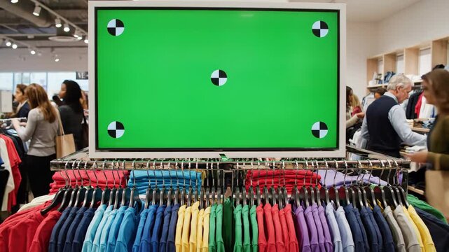 Green Screen Display in Clothing Store - A blank green screen with tracking markers sits above a rack of multicolored t-shirts in a busy clothing store. Shoppers are browsing in the background.