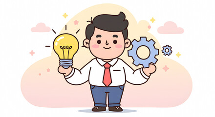 Cartoon business professional balancing bright idea lightbulb and functional gear mechanism illustration