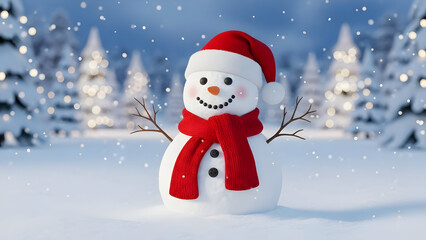 Fototapeta premium Charming snowman stands in a snowy forest with falling snow during winter