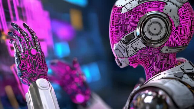 Futuristic cyberpunk robot with artificial intelligence, neon pink circuit android technology touching glass interface in moody city scene