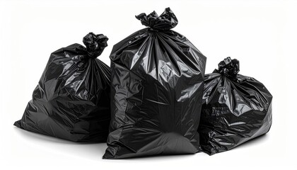 3 black garbage bags on white bg