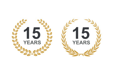 15th anniversary laurel wreath. 15 years anniversary floral laurel wreath. Anniversary icon or logo with laurel wreath. 15 years celebration label vector illustration.