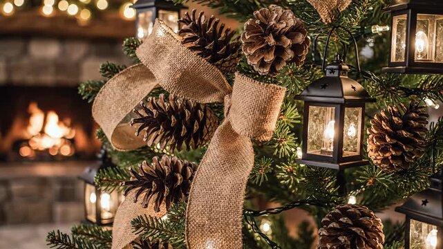 Decorated evergreen tree with lanterns and pine cones display close up