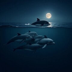 Moonlit Journey: Dolphins Swimming Under a Full Moon