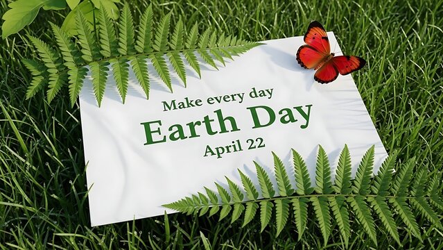 Earth day message on grass with fern and butterfly for nature - Powered by Adobe