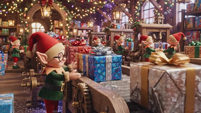Christmas Gifts on Festive Conveyor Belt - Elves in Santa's workshop carefully load beautifully wrapped Christmas gifts onto a festive conveyor belt, ready for delivery.