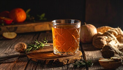 Rustic Fall Drink: Golden Apple Cider or Whiskey Cocktail with Rosemary and Walnuts on a Wooden Table