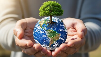 Hands holding earth with a tree, symbolizing global conservation