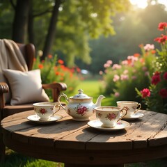 Fototapeta premium Elegant Garden Tea Setup in a Serene Morning Setting
