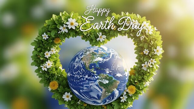 Happy earth day celebration with vibrant heart wreath and globe - Powered by Adobe