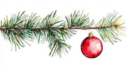 Elegant watercolor rendering of a pine branch embellished with a bright red ornament.