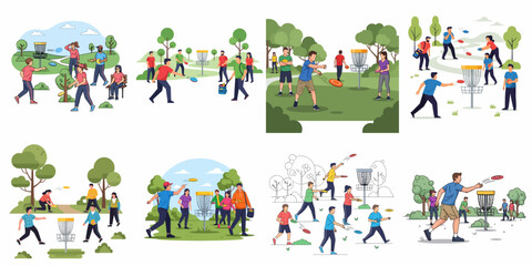 Fototapeta premium Flat vector illustration set showing diverse groups of friends playing disc golf in a park, engaging in outdoor recreational sports activities.
