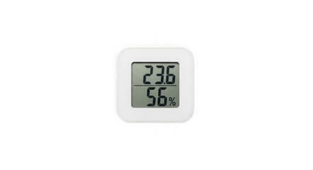 Small white digital thermometer and hygrometer display showing 236 degrees and 56 percent humidity, isolated on white isolated on transparent background