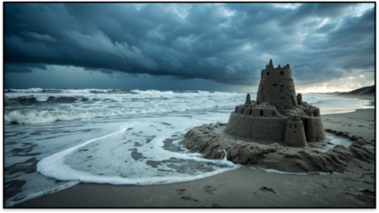 Elaborate Sandcastle Facing Incoming Tide Under Stormy Sky- A majestic, multi-tiered sandcastle on the beach, threatened by waves and dark clouds—symbolizing impermanence.