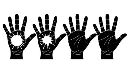 Obraz premium Set of four black hand icons showing stages of a sunburst effect representing impact or energy isolated on white background