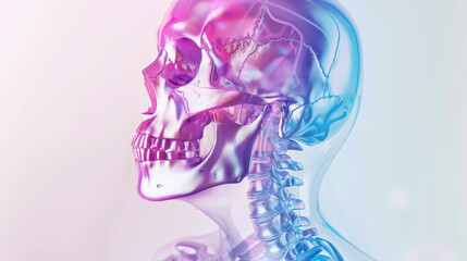 Futuristic Transparent Human Skull and Neck Anatomy in Pink and Blue Light